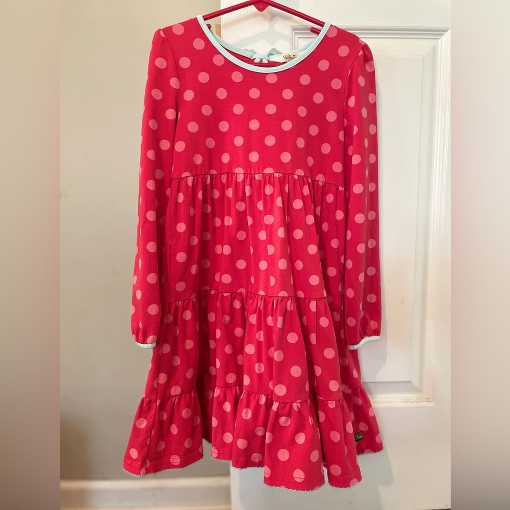 EUC Matilda Jane girls size 6 pink polka dot dress with baby blue trim